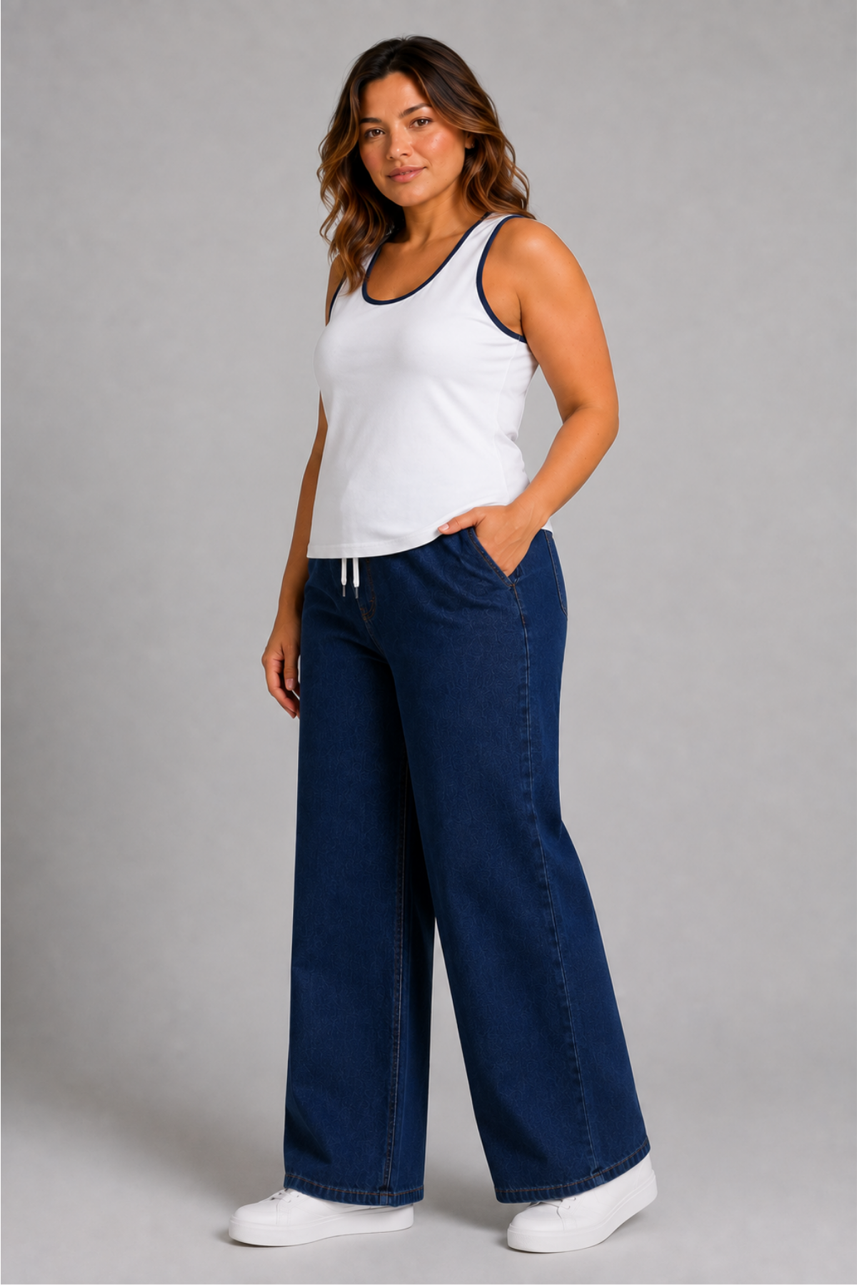 Curve Kadın Büyük Beden Esnek Kumaş Lastikli Yüksek Bel İpli Cepli Bol Paça Jeans Kot Lacivert Pantolon