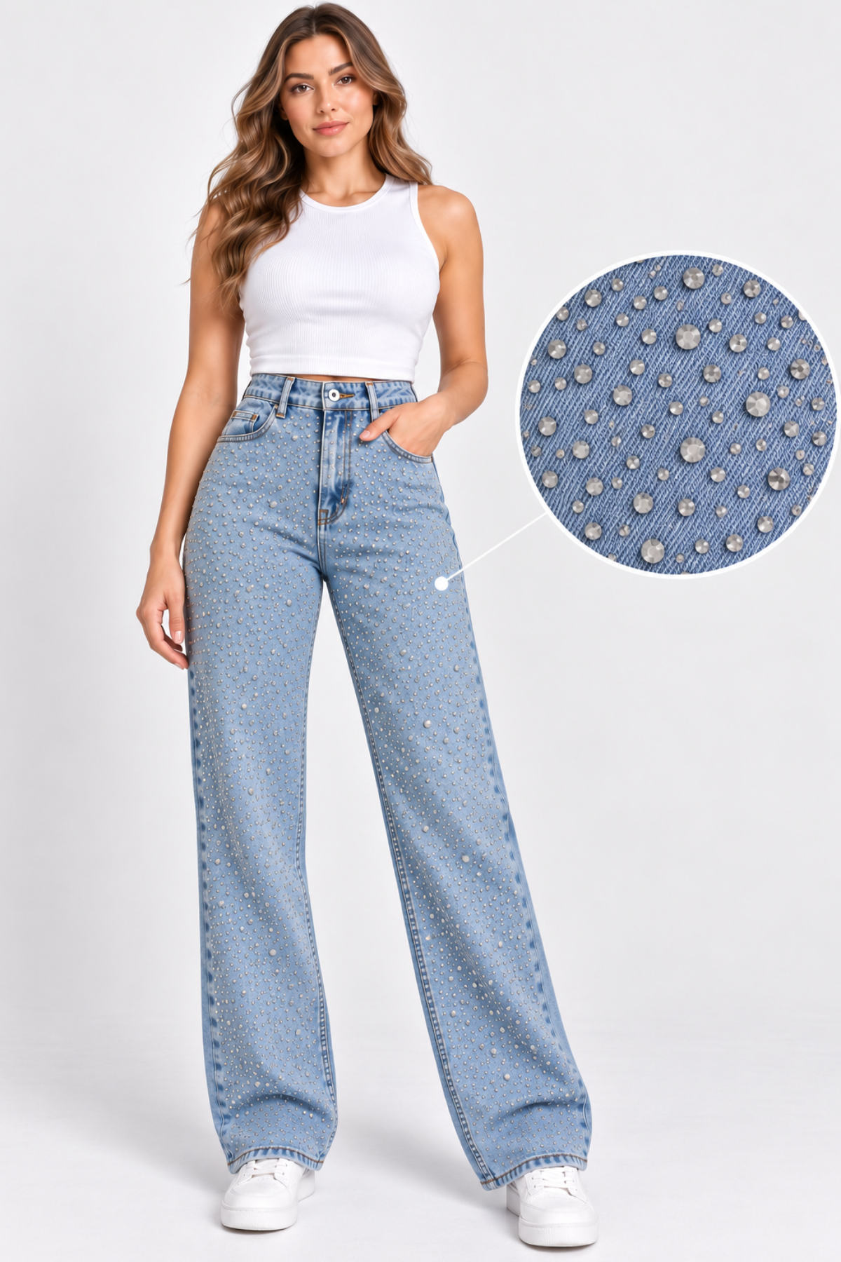 Curve Kadın Büyük Beden Taş Detaylı Yüksek Bel Bol Paça Açık Mavi Jeans Kot Pantolon