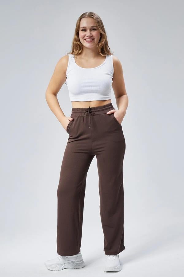 Kadın Kahverengi Çift Cepli Beli Lastikli Fitilli Tayt Eşofman Altı Bootcut