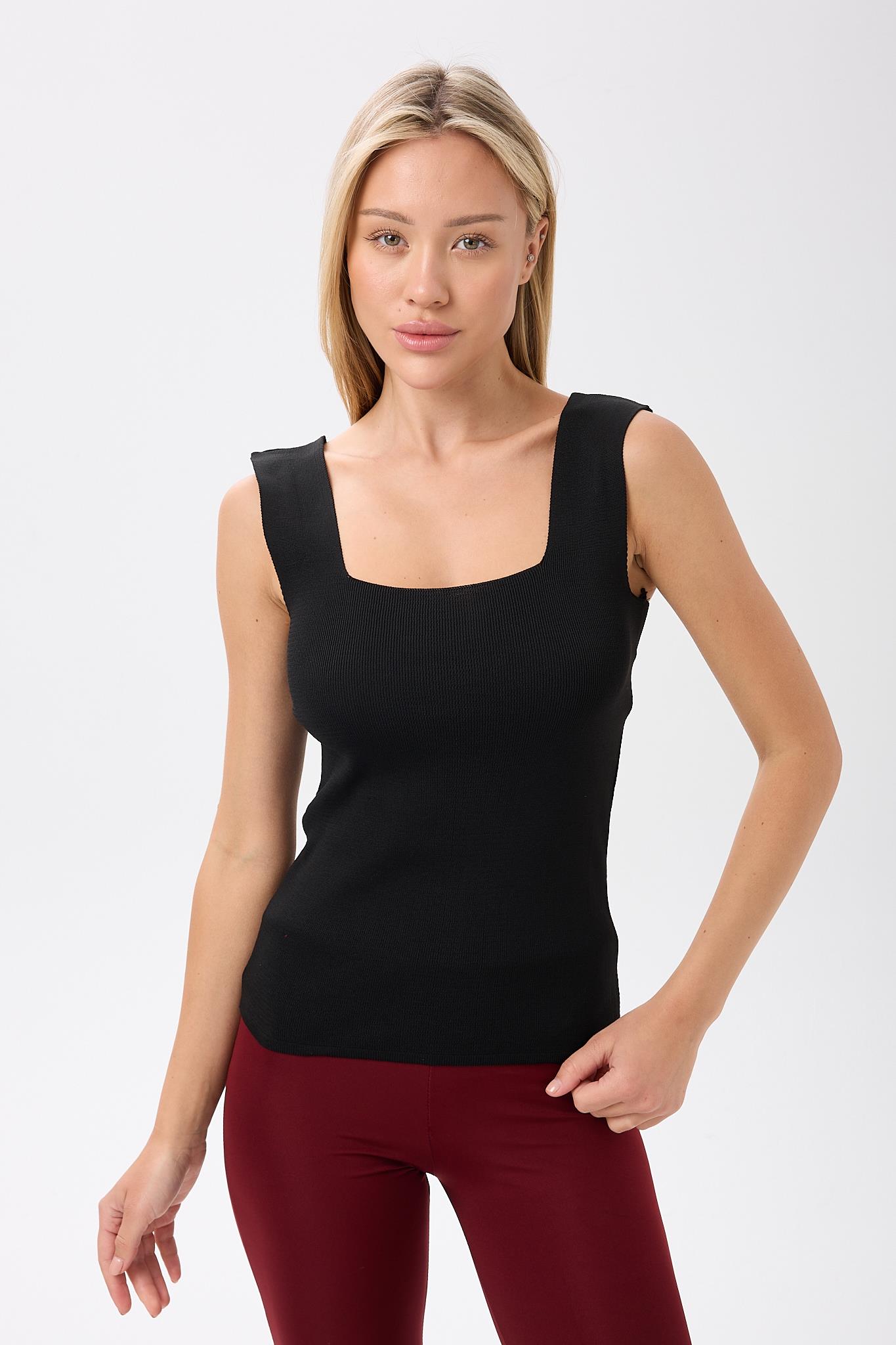 Kadın Kare Yaka Kalın  Askılı Basic Fit Siyah Bluz Crop Top
