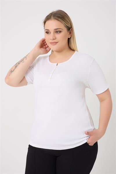 BANEGA Curve Kadın Büyük Beden Pamuklu Likralı Bisiklet Yaka Düğme Detaylı Basic Düz Beyaz Bluz