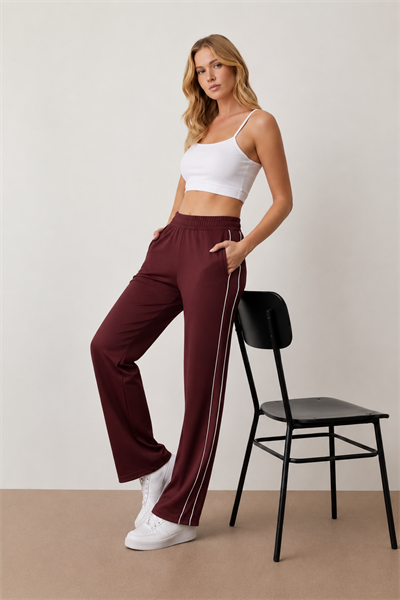 Biye Detaylı Beli Lastikli Cepli Örme Wide Leg/Bol Paça Spor Kahve Eşofman Altı