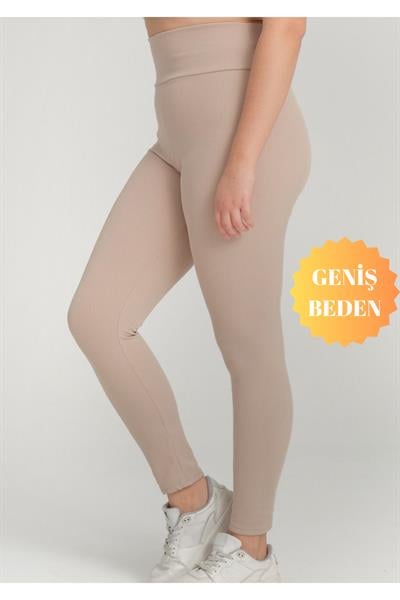 Curve Büyük Beden Fitilli Yüksek Bel Toparlayıcı Krem Tayt