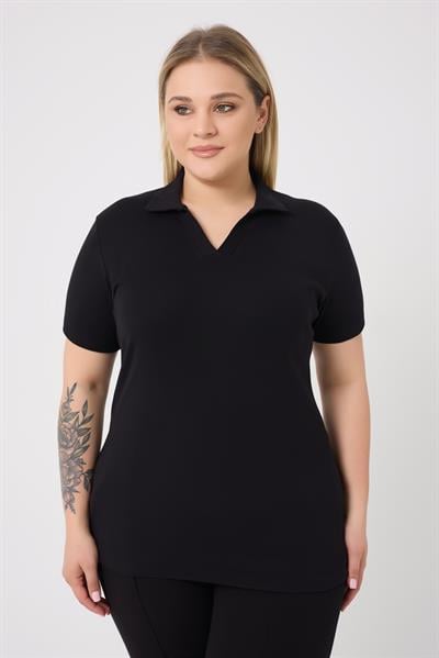 Curve Büyük Beden Pamuklu Likralı V Yaka Basic Düz Kısa Kol Siyah Bluz
