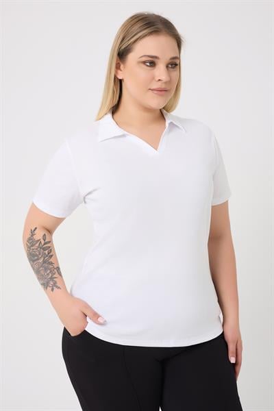 Curve Büyük Beden Pamuklu Likralı V Yaka Basic Düz Kısa Kol Beyaz  Bluz