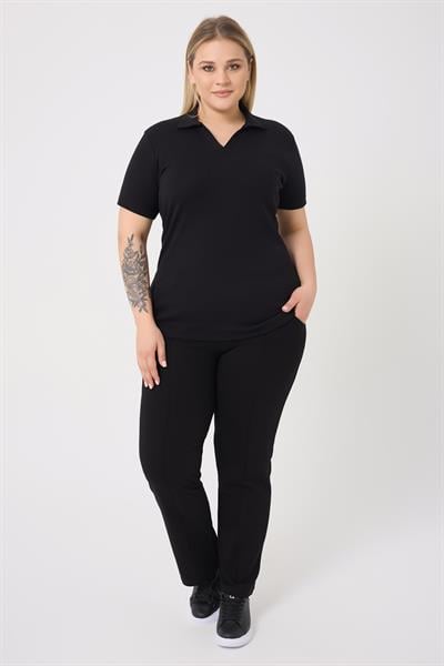 Curve Büyük Beden Pamuklu Likralı V Yaka Basic Düz Kısa Kol Siyah Bluz