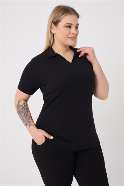 Curve Büyük Beden Pamuklu Likralı V Yaka Basic Düz Kısa Kol Siyah Bluz