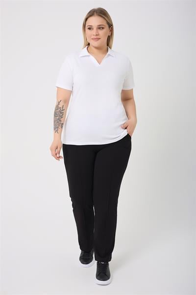 Curve Büyük Beden Pamuklu Likralı V Yaka Basic Düz Kısa Kol Beyaz  Bluz