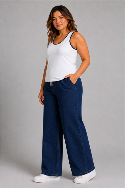 Curve Kadın Büyük Beden Esnek Kumaş Lastikli Yüksek Bel İpli Cepli Bol Paça Jeans Kot Lacivert Pantolon