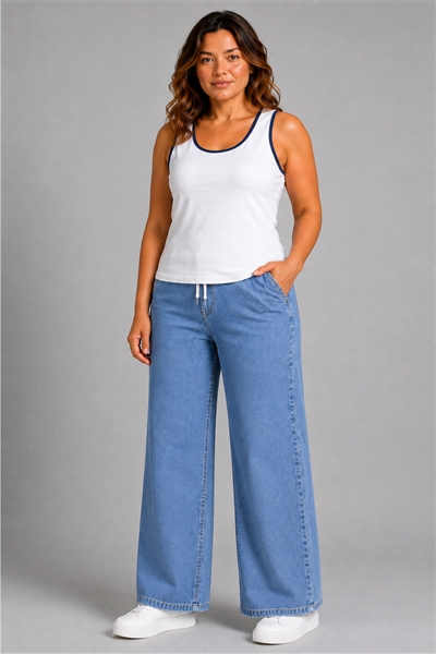 Curve Kadın Büyük Beden Esnek Kumaş Lastikli Yüksek Bel İpli Cepli Bol Paça Jeans Kot Mavi Pantolon