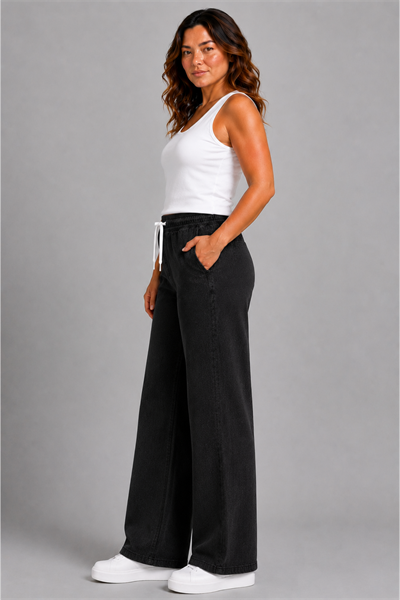 Curve Kadın Büyük Beden Esnek Kumaş Lastikli Yüksek Bel İpli Cepli Bol Paça Jeans Kot Pantolon