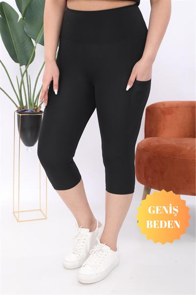 Curve Kadın Büyük Beden Siyah Yüksek Bel Toparlayıcı Çift Cepli Diz Altı Kapri Tayt Capri