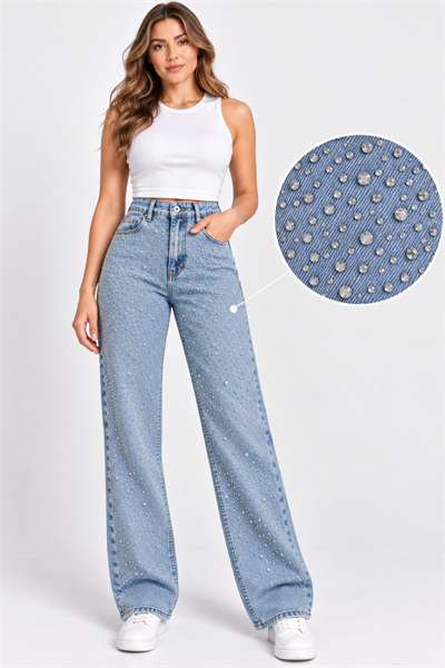 Curve Kadın Büyük Beden Taş Detaylı Yüksek Bel Bol Paça Açık Mavi Jeans Kot Pantolon