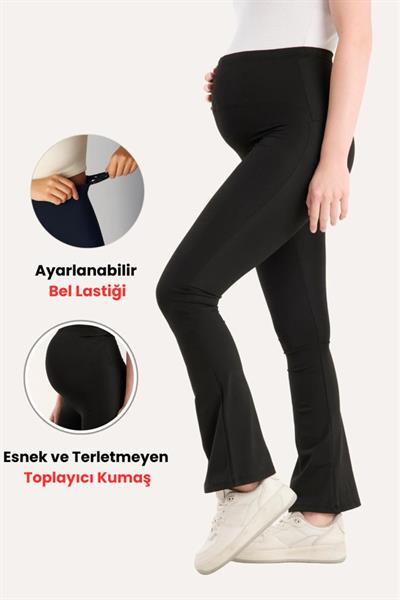 İspanyol Paça Ayarlanabilir Yüksek Bel Esnek Toparlayıcı Ve Sıkılaştırıcı Siyah Hamile Tayt