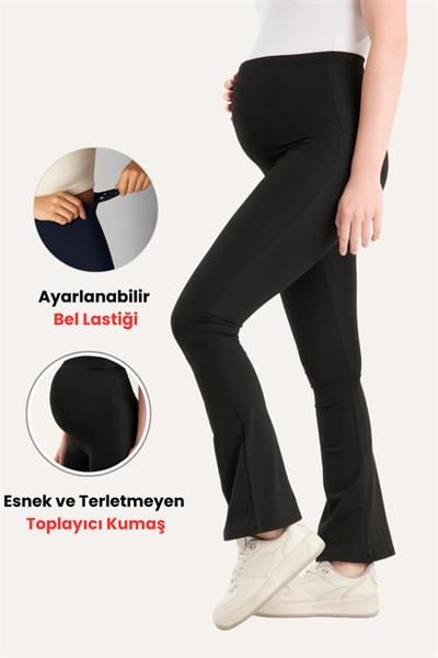 İspanyol Paça Ayarlanabilir Yüksek Bel Esnek Toparlayıcı Ve Sıkılaştırıcı Siyah Hamile Tayt