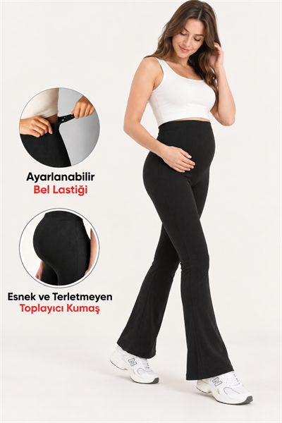 İspanyol Paça Fitilli Kumaş Ayarlanabilir Yüksek Bel Esnek Toparlayıcı Siyah Hamile Tayt