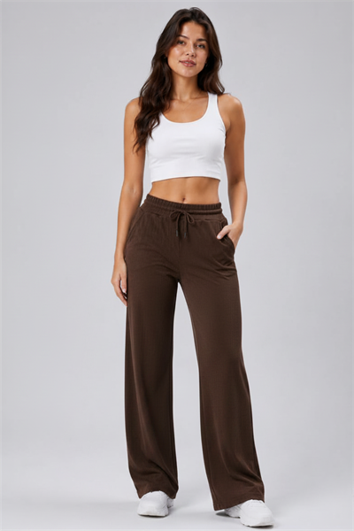 Kadın Cepli Beli Lastikli Bootcut Fitilli Tayt Kahve Rengi Spor Eşofman Altı