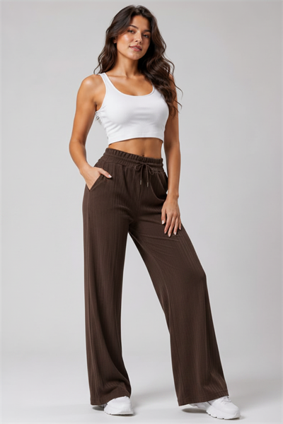 Kadın Cepli Beli Lastikli Bootcut Fitilli Tayt Kahve Rengi Spor Eşofman Altı