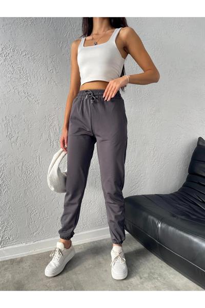 Kadın Dalgıç Kumaş Kışlık Polarlı Jogger Yüksek Bel Cepli Füme Eşofman Altı1
