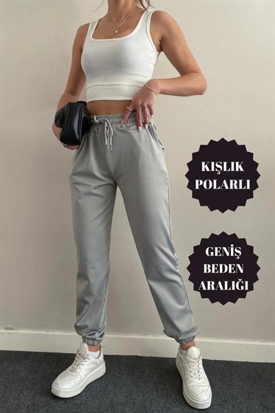 Kadın Dalgıç Kumaş Kışlık Polarlı Jogger Yüksek Bel Cepli Antrasit Eşofman Altı
