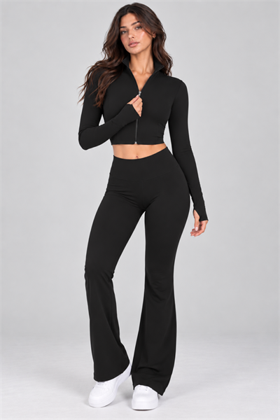 Kadın Fermuarlı Dik Yaka Parmak Geçmeli Uzun Kollu Slim Fit Siyah Beyaz Bluz Crop