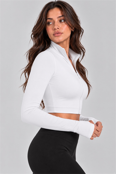 Kadın Fermuarlı Dik Yaka Parmak Geçmeli Uzun Kollu Slim Fit Spor Beyaz Bluz Crop