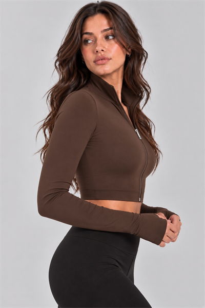 Kadın Fermuarlı Dik Yaka Parmak Geçmeli Uzun Kollu Slim Fit Kahve Rengi Beyaz Bluz Crop