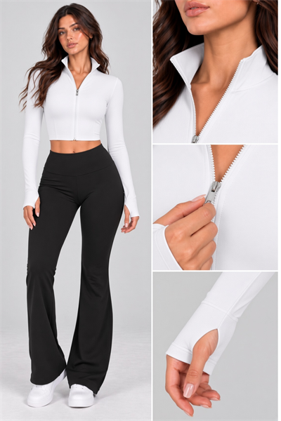 Kadın Fermuarlı Dik Yaka Parmak Geçmeli Uzun Kollu Slim Fit Spor Beyaz Bluz Crop