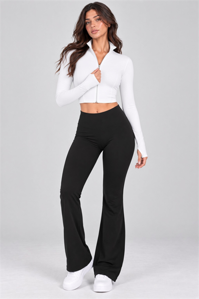 Kadın Fermuarlı Dik Yaka Parmak Geçmeli Uzun Kollu Slim Fit Spor Beyaz Bluz Crop
