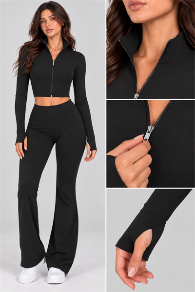Kadın Fermuarlı Dik Yaka Parmak Geçmeli Uzun Kollu Slim Fit Siyah Beyaz Bluz Crop