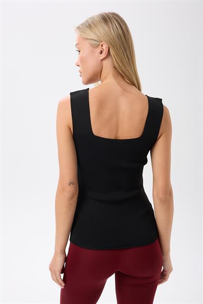 Kadın Kare Yaka Kalın  Askılı Basic Fit Siyah Bluz Crop Top