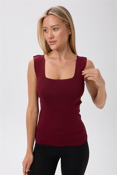 Kadın Kare Yaka Kalın  Askılı Basic Fit Bordo Bluz Crop Top