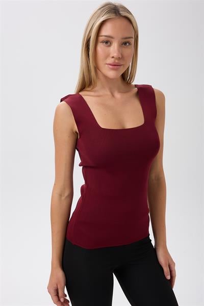 Kadın Kare Yaka Kalın  Askılı Basic Fit Bordo Bluz Crop Top
