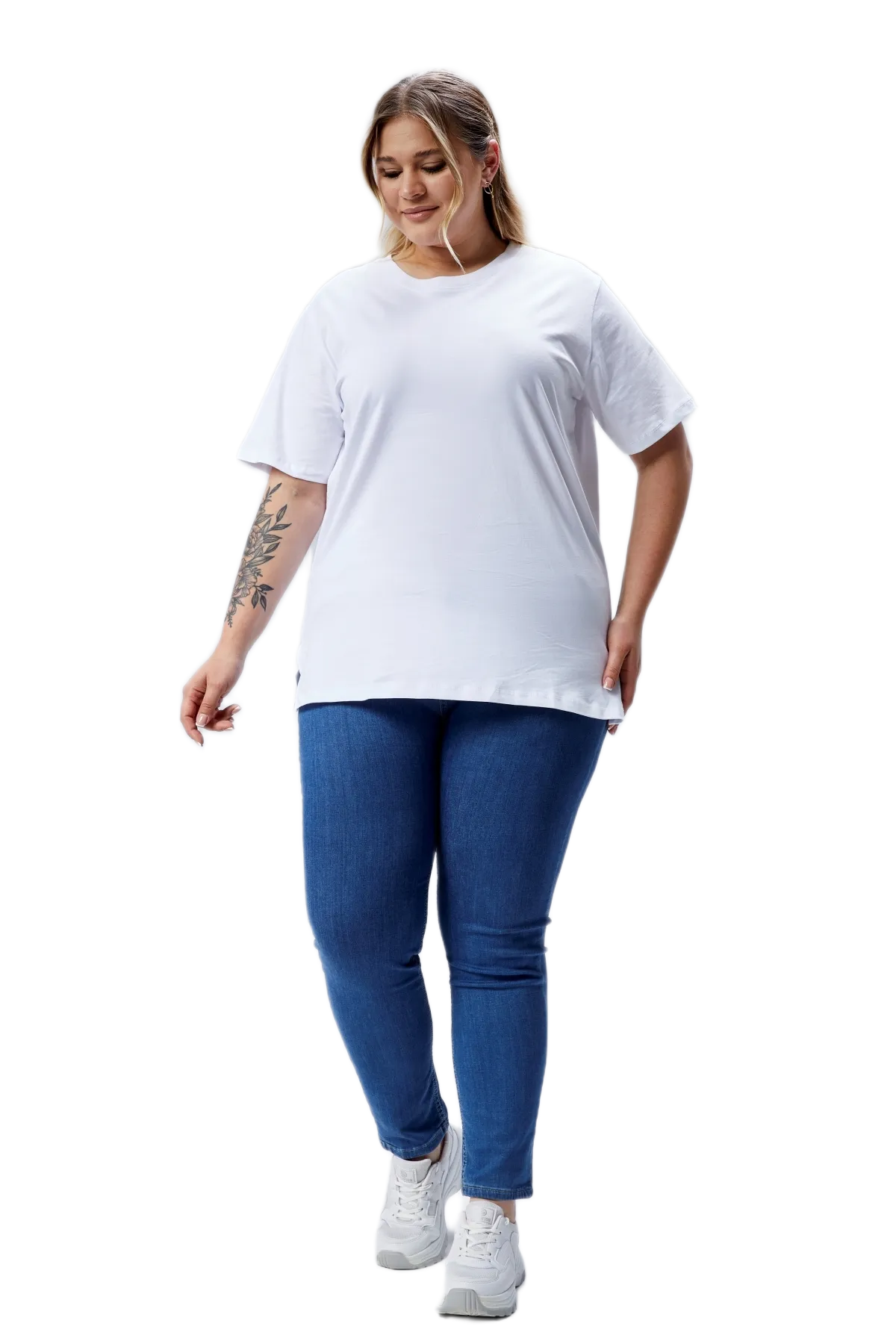 BANEGA Curve Büyük Beden Beyaz Boyfriend Bisiklet Yaka Yırtmaçlı Pamuk Örme T-Shirt