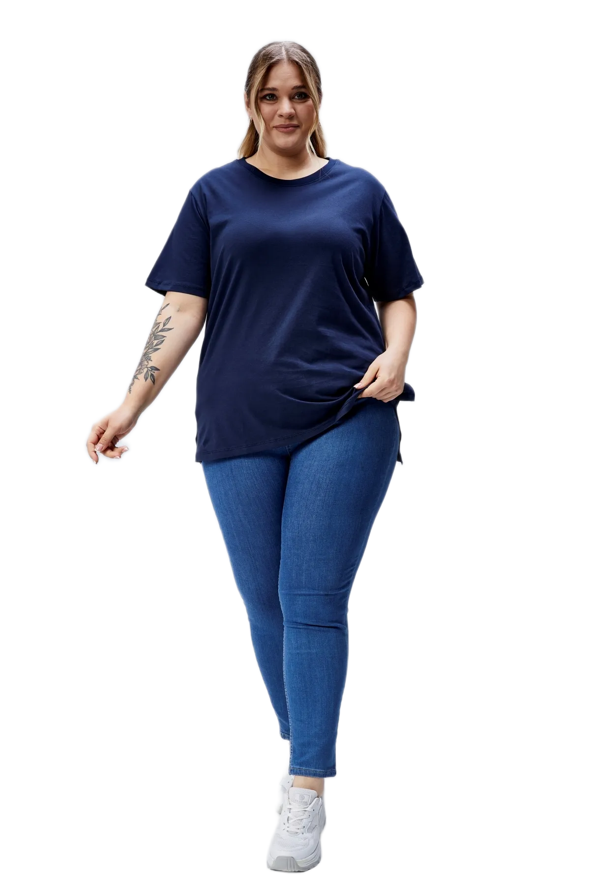 BANEGA Curve Büyük Beden Lacivert Boyfriend Bisiklet Yaka Yırtmaçlı Pamuk Örme T-Shirt