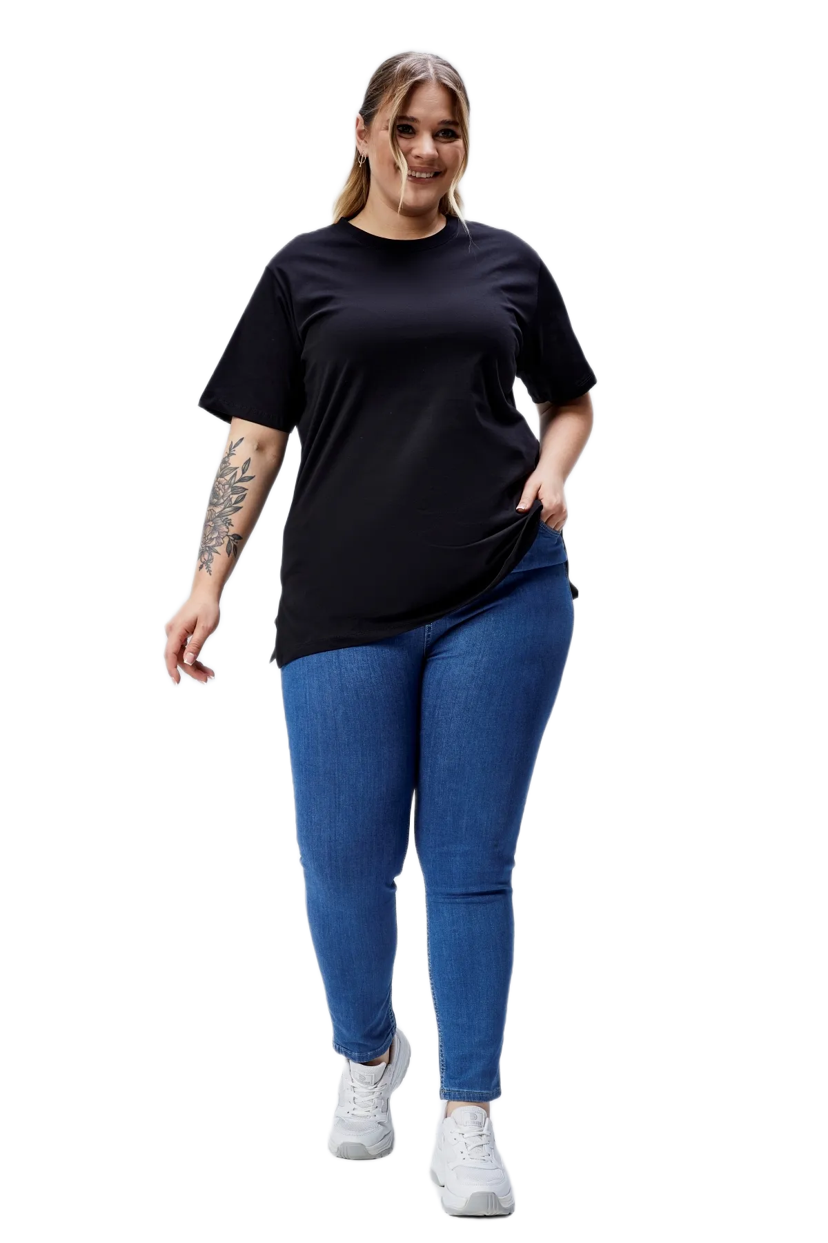 BANEGA Curve Büyük Beden Siyah Boyfriend Bisiklet Yaka Yırtmaçlı Pamuk Örme T-Shirt