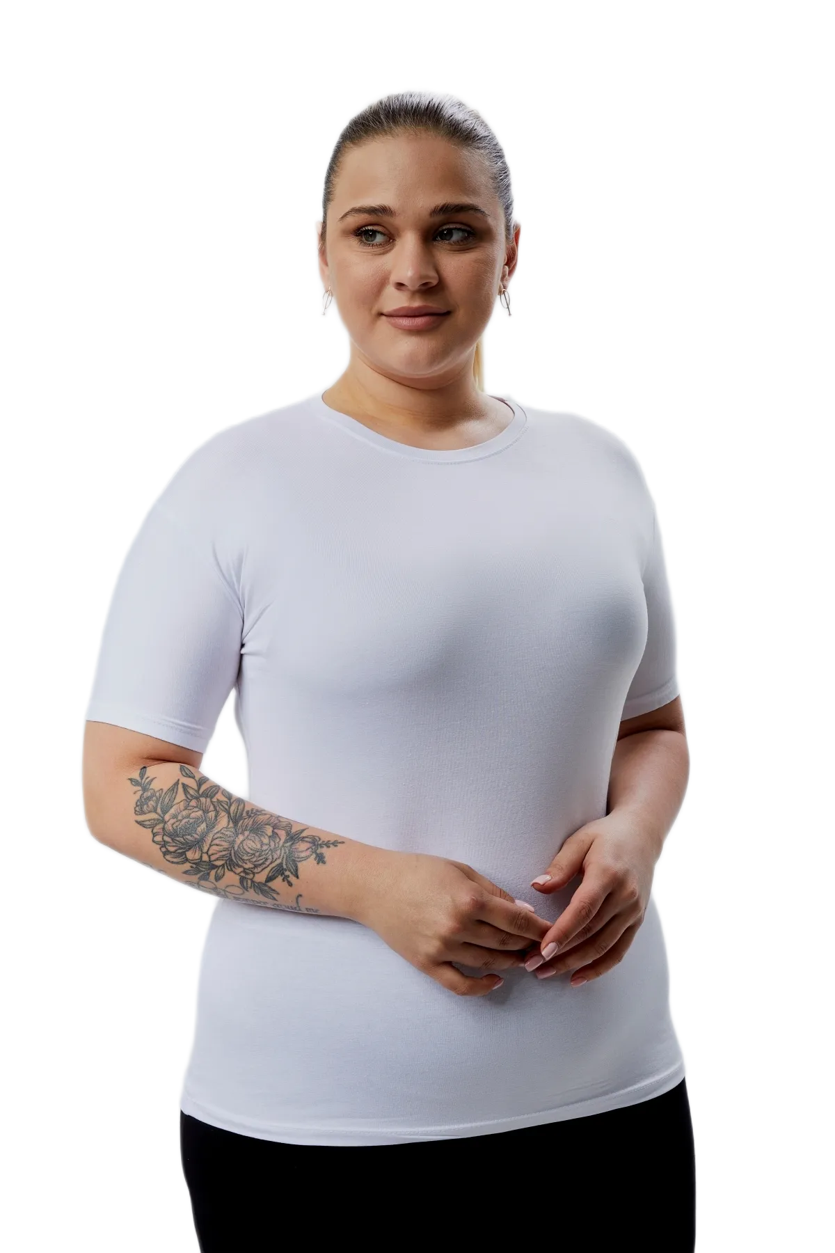 BANEGA Curve Kadın Büyük Beden Bisiklet Yaka Yarım Kol Likralı Basic Beyaz Body