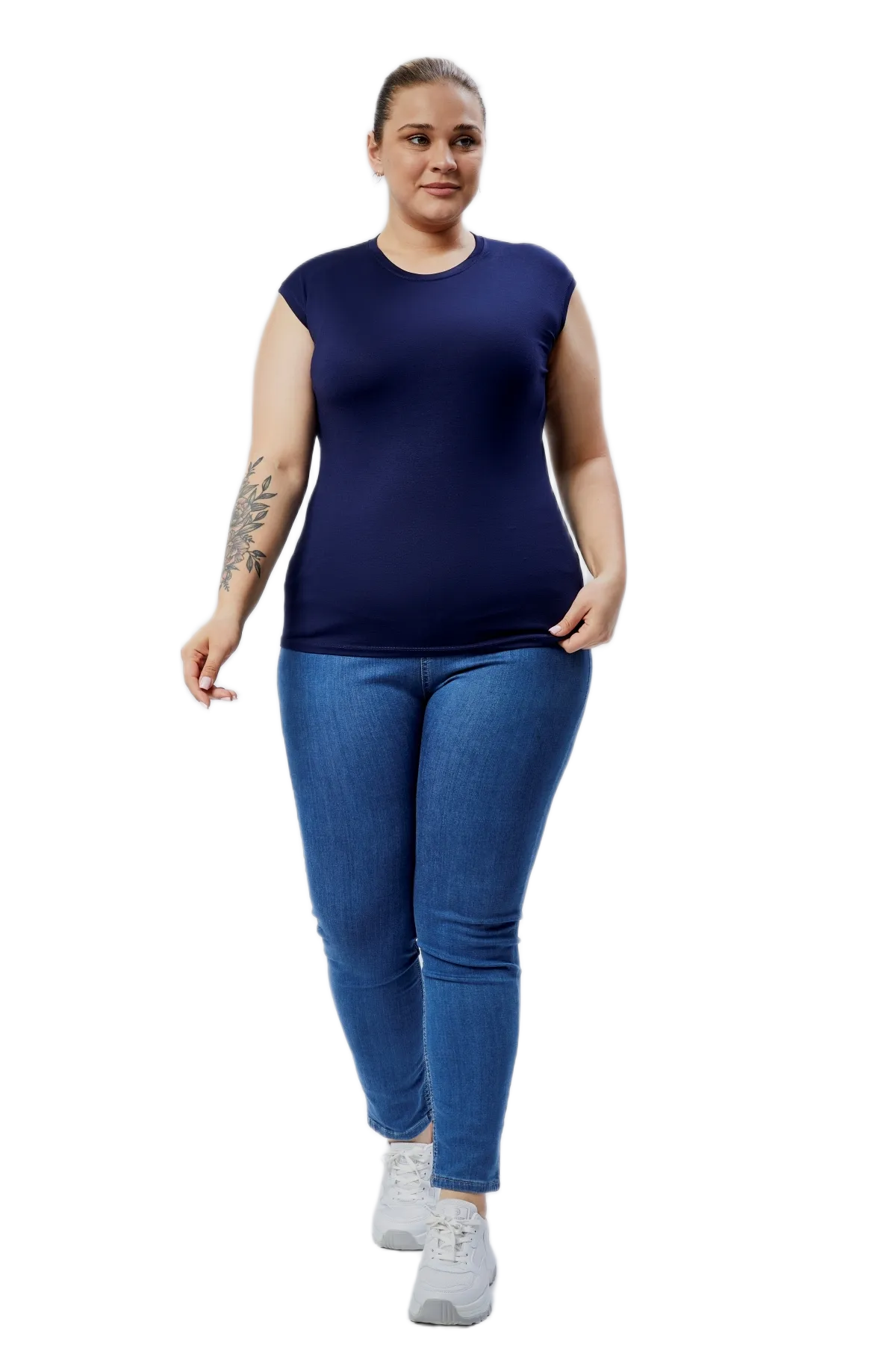 BANEGA Curve Kadın Büyük Beden Bisiklet Yaka Sıfır Kol Likralı Lacivert Body