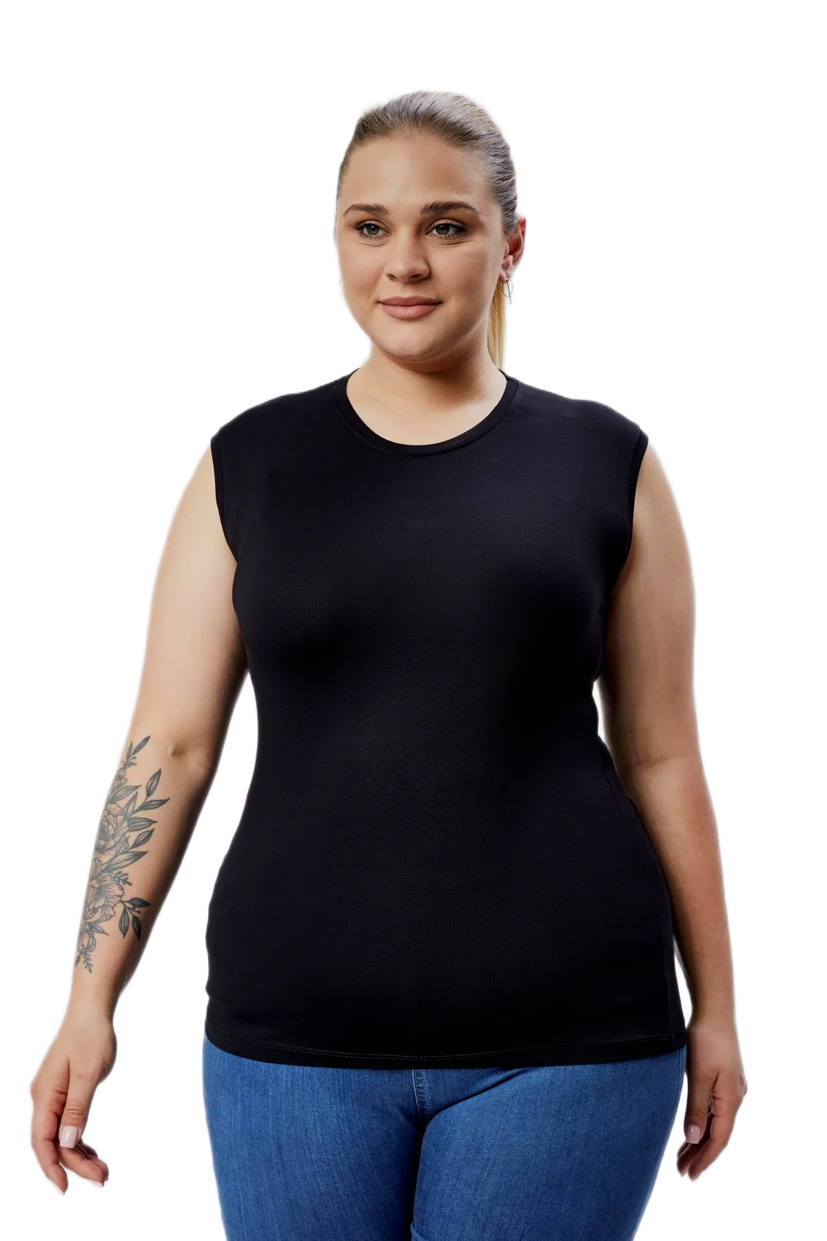 BANEGA Curve Kadın Büyük Beden Bisiklet Yaka Sıfır Kol Likralı Siyah Body