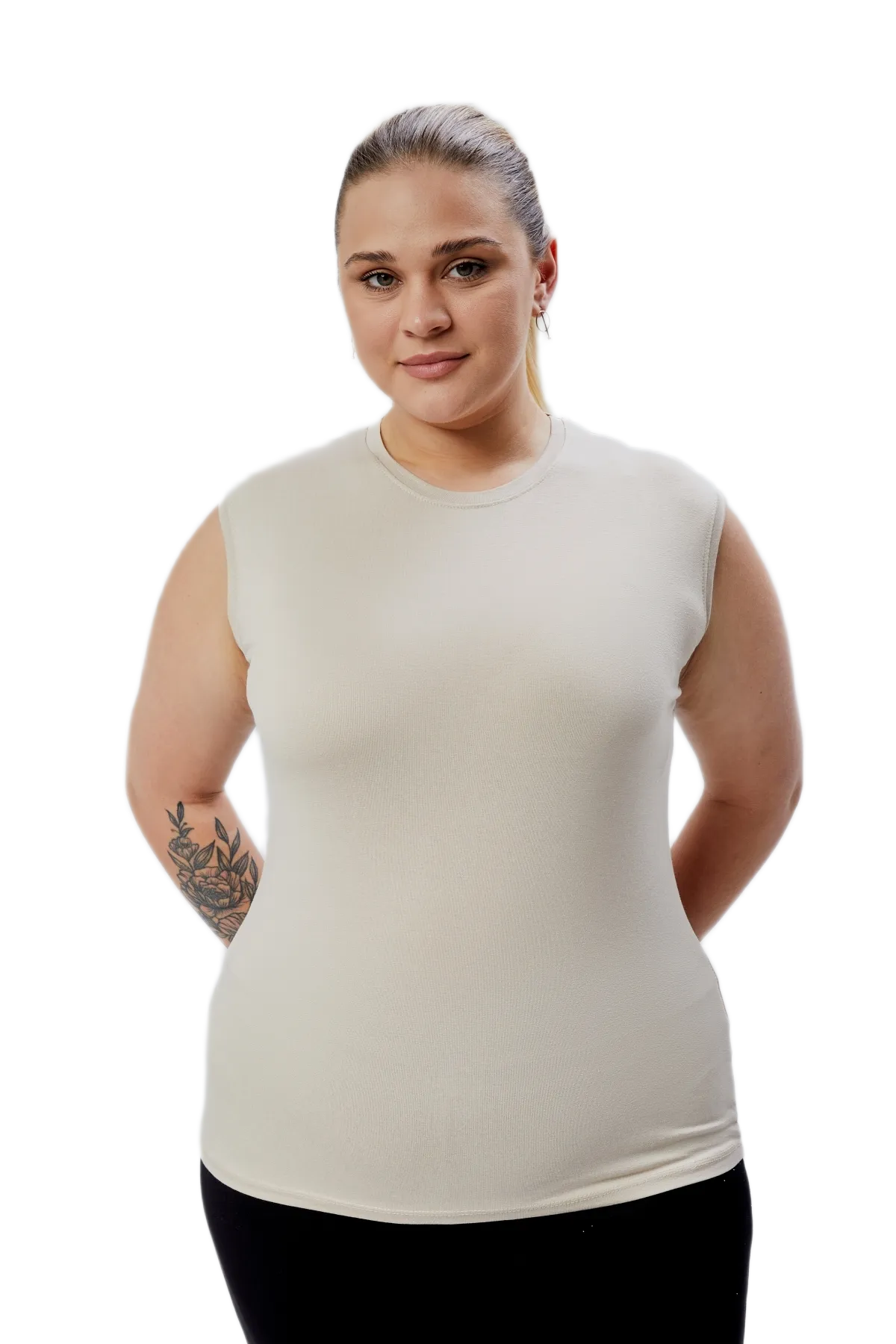 BANEGA Curve Kadın Büyük Beden Bisiklet Yaka Sıfır Kol Likralı Krem Body