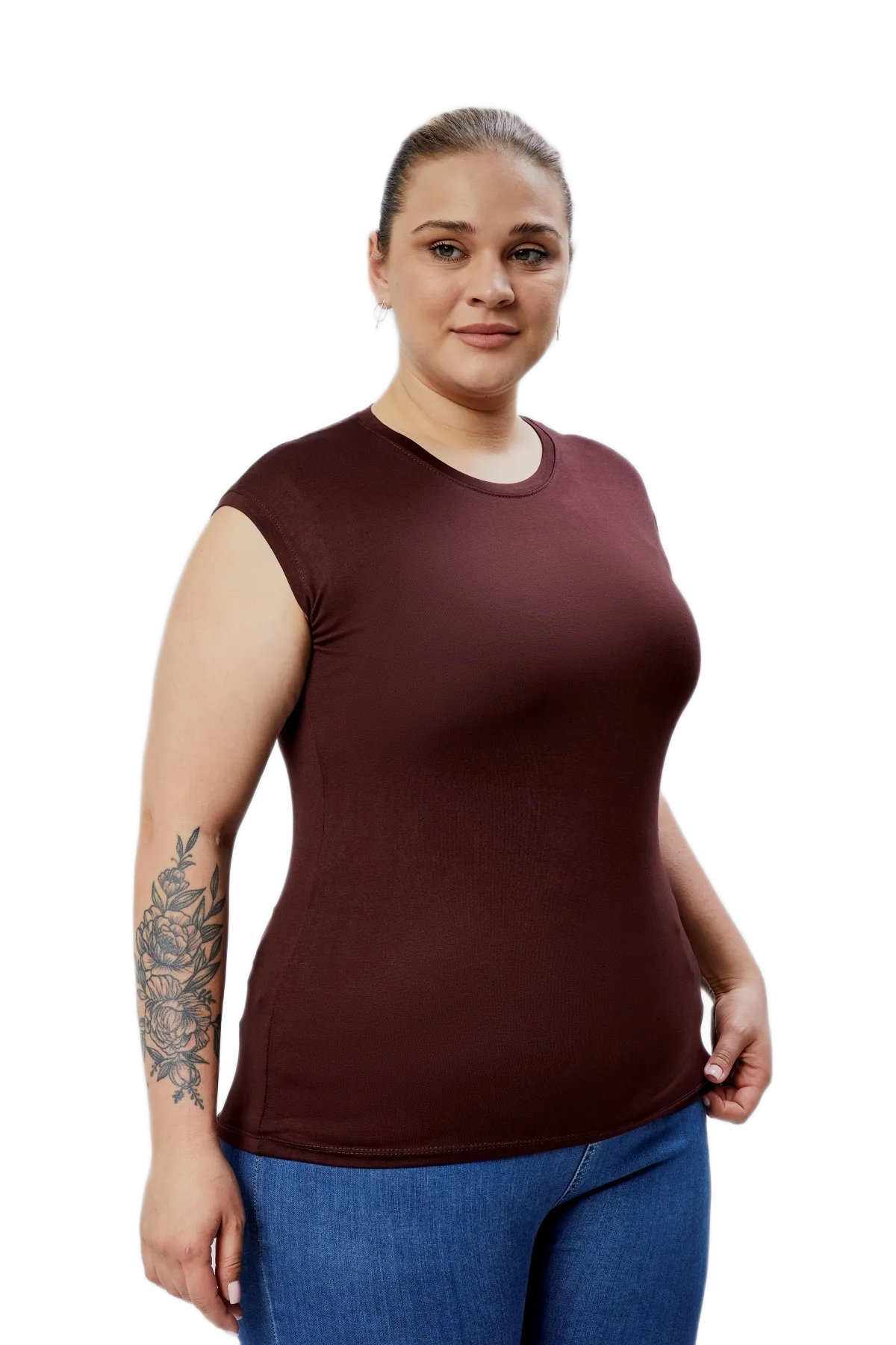 BANEGA Curve Kadın Büyük Beden Bisiklet Yaka Sıfır Kol Likralı Kahve Body