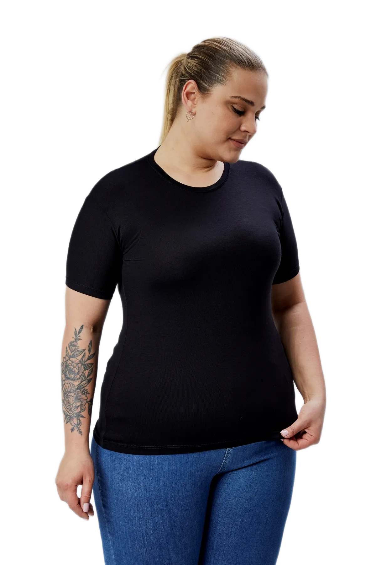 BANEGA Curve Kadın Büyük Beden Bisiklet Yaka Yarım Kol Likralı Basic Siyah Body