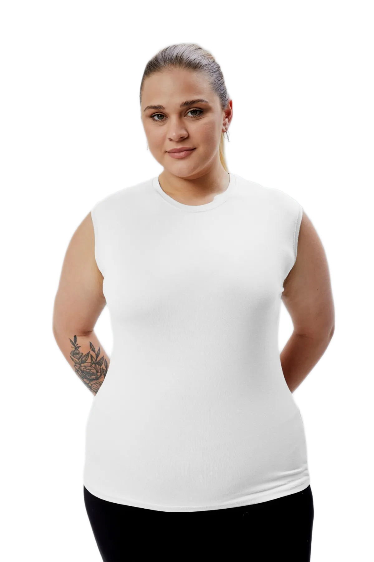 BANEGA Curve Kadın Büyük Beden Bisiklet Yaka Sıfır Kol Likralı Beyaz Body