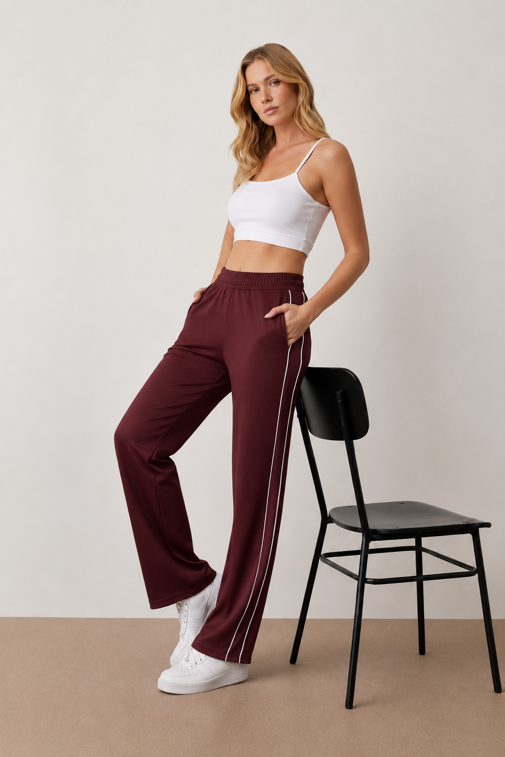 Biye Detaylı Beli Lastikli Cepli Örme Wide Leg/Bol Paça Spor Kahve Eşofman Altı