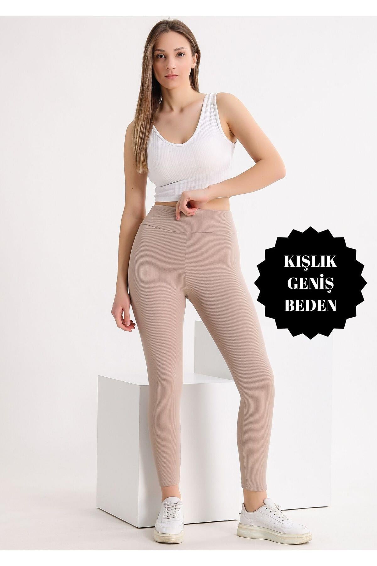 Curve Büyük Beden Fitilli Şardonlu Kadın Yüksek Bel Toparlayıcı Krem Kışlık Tayt