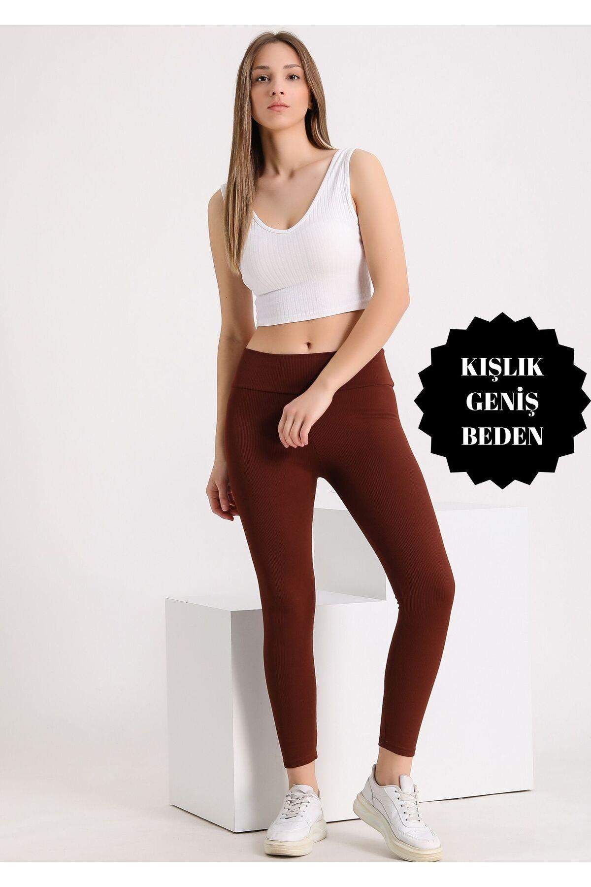 Curve Büyük Beden Fitilli Şardonlu Kadın Yüksek Bel Toparlayıcı Kahve Kışlık Tayt