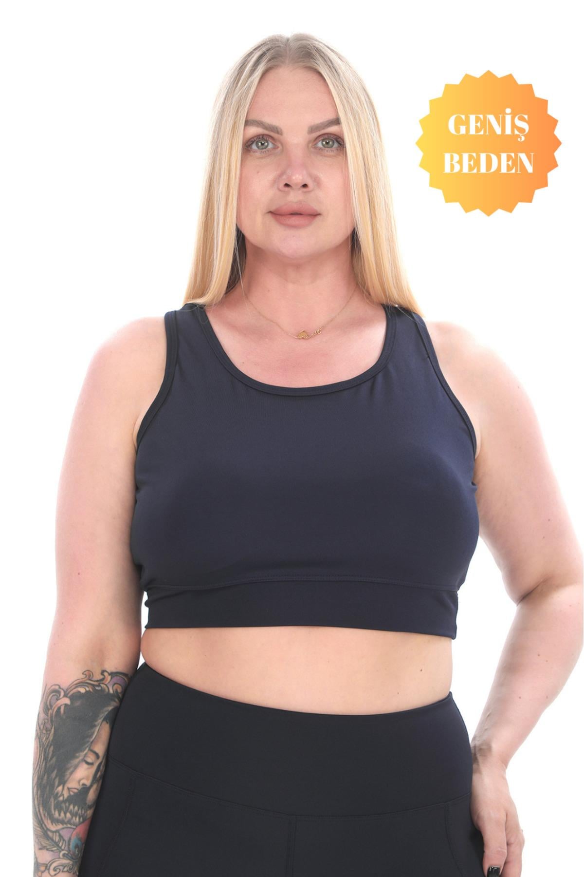 Curve Büyük Beden Toparlayıcı Pedli Crop Lacivert Spor Büstiyer