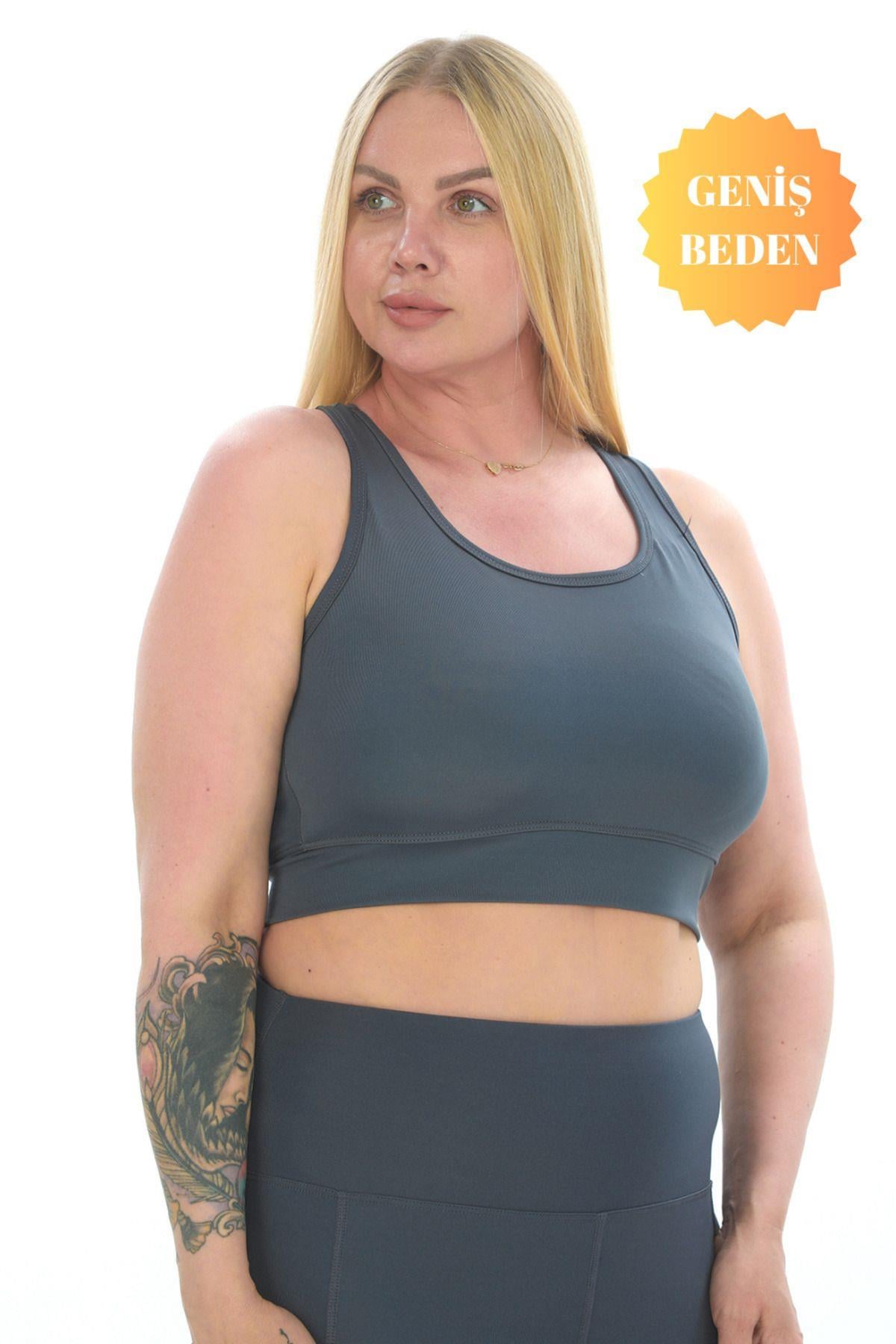 Curve Büyük Beden Toparlayıcı Pedli Crop Antrasit Spor Büstiyer
