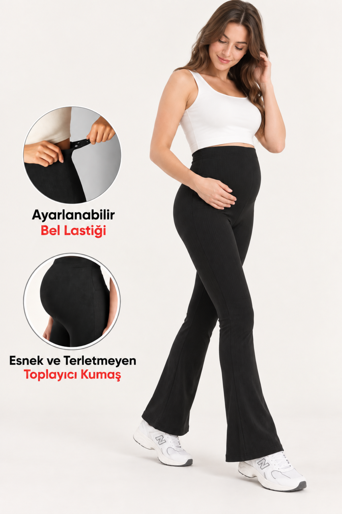 İspanyol Paça Fitilli Kumaş Ayarlanabilir Yüksek Bel Esnek Toparlayıcı Siyah Hamile Tayt