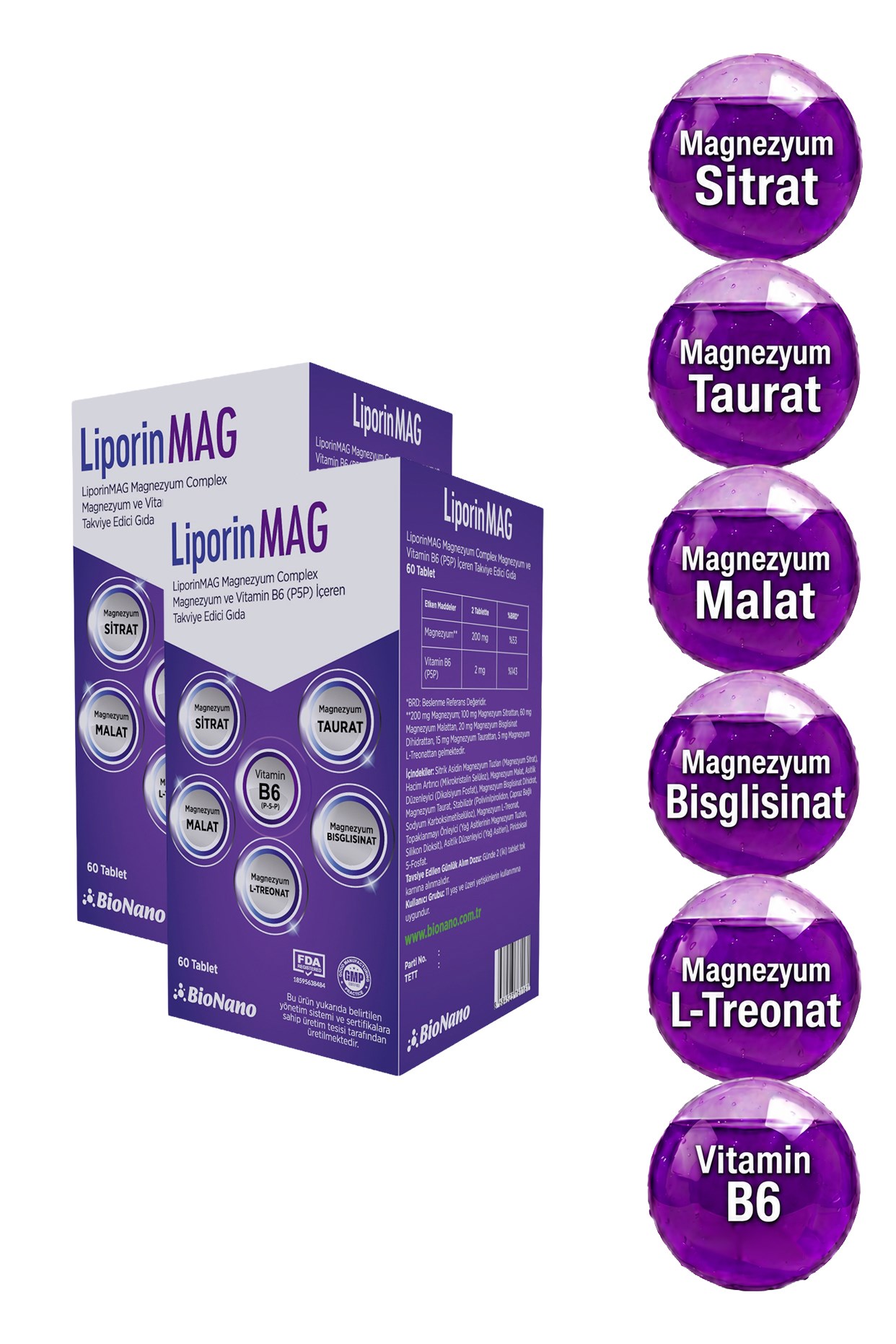 2 Kutu LiporinMAG Magnezyum Complex (Sitrat, Malat, Bisglisinat, Taurat, L-Treonat) B6 200 mg
